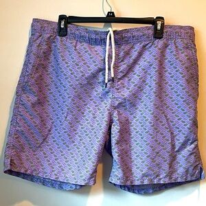 Sero purple drawstring waist swim trunks w/ fish bone confetti graphic design; M